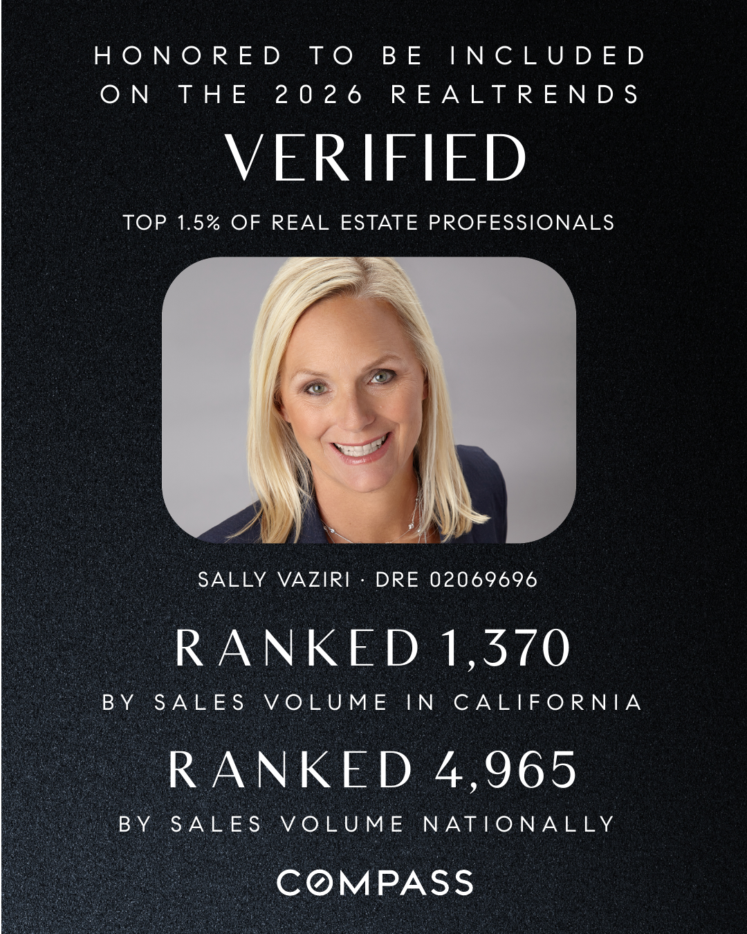 Sally Vaziri honored on the 2026 RealTrends Verified list, top 1.5% of real estate professionals